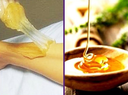 Two pictures of honey being applied to a person's leg.
